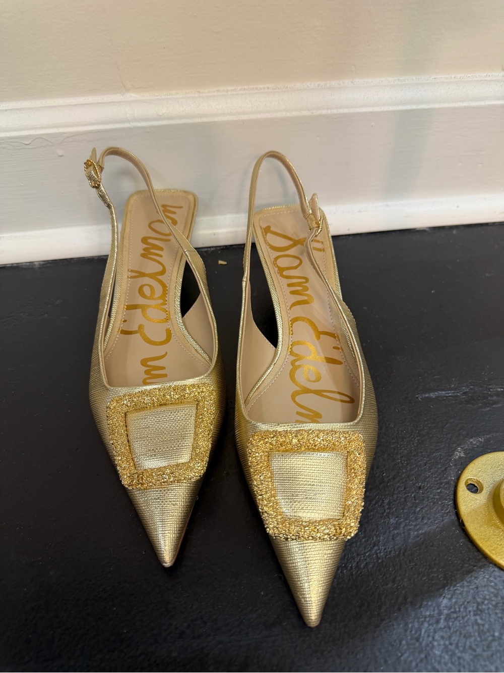 Sam Edelman Gold Pointed Slingback Flats with Decorative Square Accent